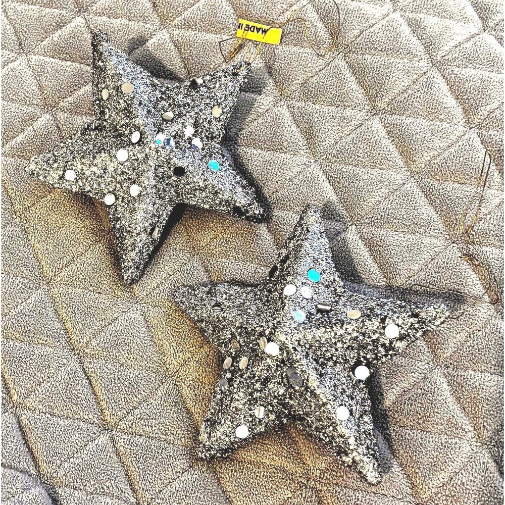 VTG 1950s Japan Silver Glitter Star Ornaments Set of 2 MCM Christmas Decorations